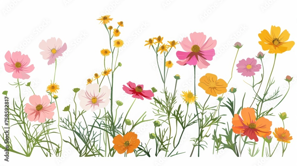 A delicate blossomed summer branch in blossom, a Cosmos flower. Flat modern illustration isolated on white.