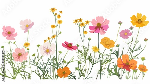 A delicate blossomed summer branch in blossom, a Cosmos flower. Flat modern illustration isolated on white. © Mark