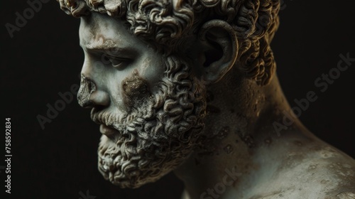 a close-up of an ancient greek sculptures face on dark background