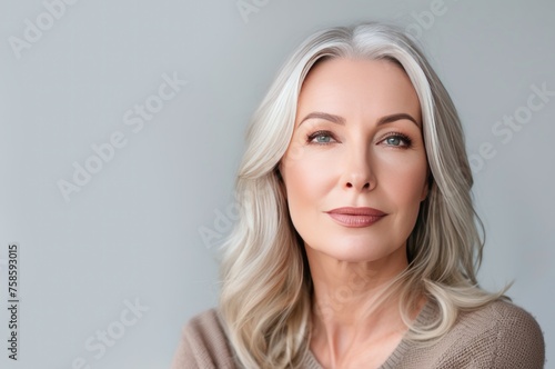 Confident Mature Woman With Striking Blue Eyes and White Hair Posing Against a Neutral Background