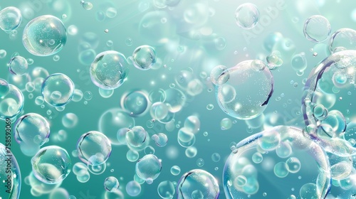 Water or oxygen air bubbles, carbonated drinks or underwater abstract background. Dynamic motion, transparent aqua with randomly moving moisture drops, realistic 3D modern.