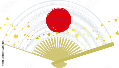 日の丸の扇子　筆の模様と水しぶき