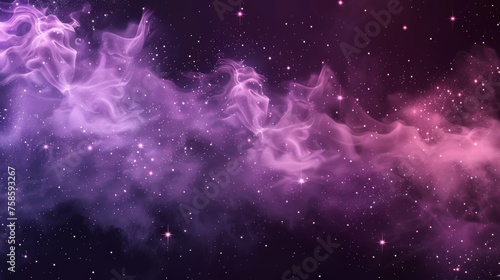 Modern illustration of dark night sky with pink and purple mist cloud  sparkles and glitter dust texture. Abstract smoke background with stars on transparent background.