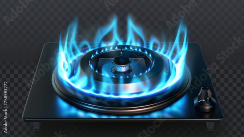 In an oven for cooking, a burning propane butane gas ring is isolated on a transparent background. Modern realistic mockup of a gas burner with a blue flame. photo