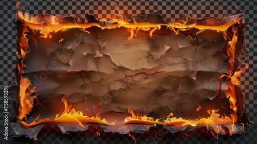 A flame burns a border of paper, smoldering fire on charred uneven edges, and parchment sheets engulfed in flames, isolated on a transparent background. 3D modern object set with realistic 3d modern