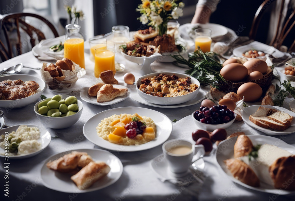 setting family delicious brunch full table easter ingredients meal breakfast friends healthy Food Orange Coffee Summer Nature Spring Health Fruit Milk Cake Green Bread