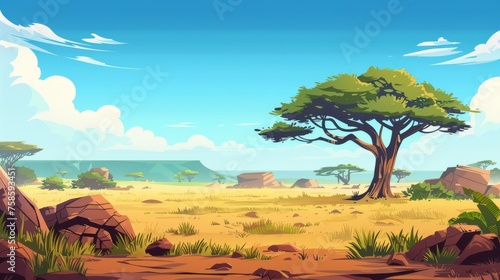 The savannah landscapes of Africa are not only beautiful but also wild in nature. This modern illustration depicts a panorama view of Kenya as well as mountains and plain grassland fields. There are photo