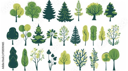 A set of abstract forest plants in a modern style. Green deciduous trees and conifers, fir. Spring crowns, trunks, branches. Botanical flat modern illustrations isolated on white. photo