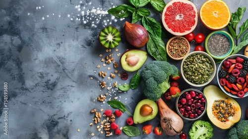 Healthy food clean eating selection. Fruit, vegetable, seeds, superfood, cereal, leaf vegetable on gray concrete background. Top view. © Mentari