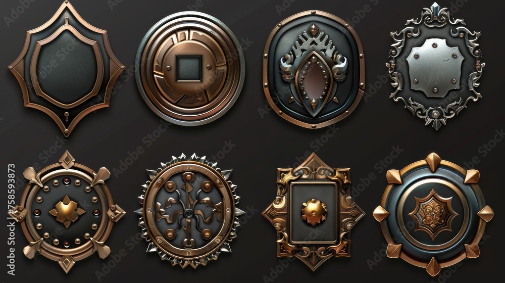 A set of art deco buttons isolated on black background. A realistic modern illustration of a luxury UI frame consisting of bronze, golden, and silver metal. A border to be used for sprites. A set of art deco buttons isolated on black background. A realistic modern illustration of a luxury UI frame consisting of bronze, golden, and silver metal. A border to be used for sprites.