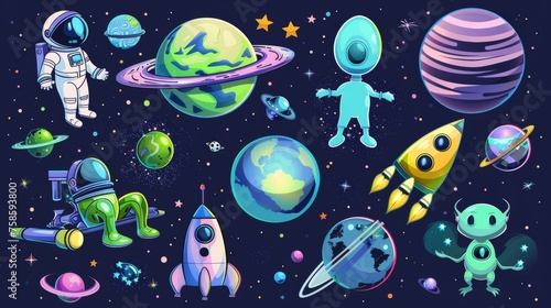 Spaceship, cosmonaut and green alien character in space on background of alien planets, astronaut, funny extraterrestrial, and rocket. Modern cartoon set.