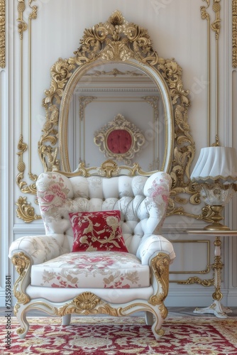 Vintage white chair with classic furniture and a mirror backdrop, exuding elegance and richness. 🪞✨🛋️