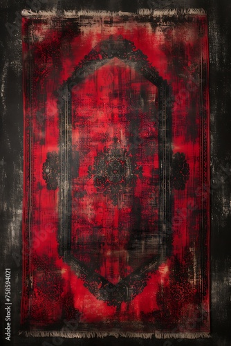 red traditional motif , front view of fabric made in traditional turkish carpet textured photograph, moody vintage tones