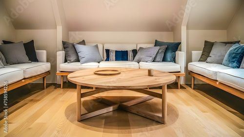 Boho interior design of modern living room, home. Rustic round wood coffee table against white sofa.