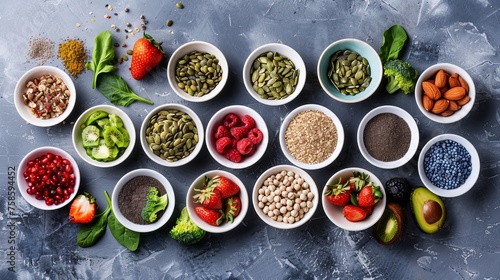 Healthy food clean eating selection. Fruit, vegetable, seeds, superfood, cereal, leaf vegetable on gray concrete background. Top view. © Mentari