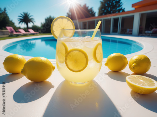 Lemonade on a sunny summer day by the Pool's Edge. Cold refreshment beverage surrounded by lemons (ID: 758594468)