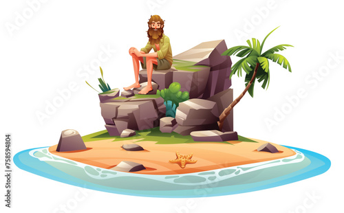 Castaway man on uninhabited island with palm trees and rocks. Vector cartoon illustration