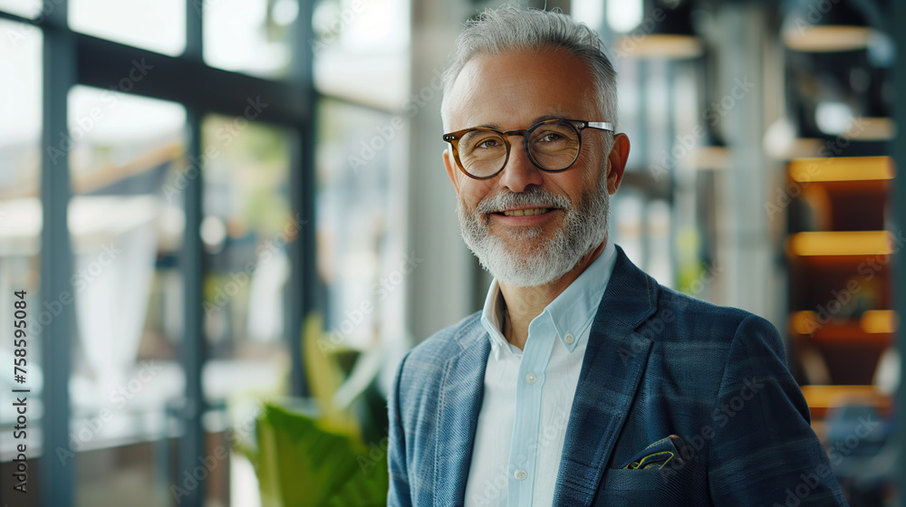 Smiling confident mature businessman looking at camera standing in office. Elegant stylish corporate leader successful ceo executive manager wearing glasses Smiling confident mature businessman looking at camera standing in office. Elegant stylish corporate leader successful ceo executive manager wearing glasses
