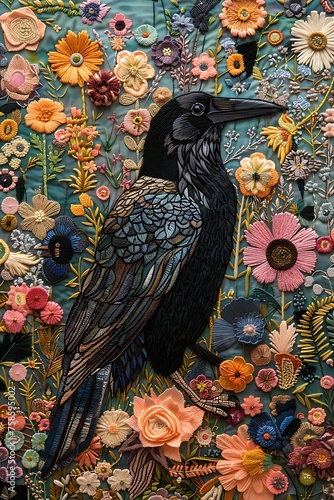 embroidery of garden with flower and black ebony feather,  Surrounded by blooms