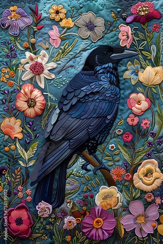 embroidery of garden with flower and black ebony feather,  Surrounded by blooms