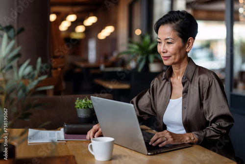 A professional older Asian woman with a laptop in a modern cafe. Concept of showcasing active elderly engagement with technology and neural networks for work and social connectivity.