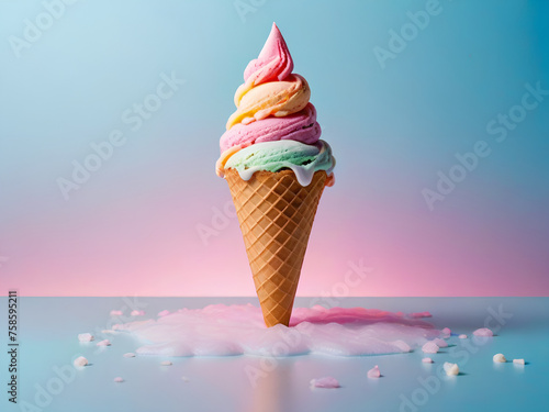 Colorful Ice Cream Cone on a Vibrant Background. Multicolor Ice Cream Cone on Blue and Pink isolated background and ice on the floor (ID: 758595211)
