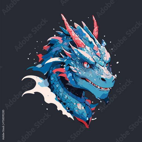 Detailed illustration of a blue dragon head, vivid colors.