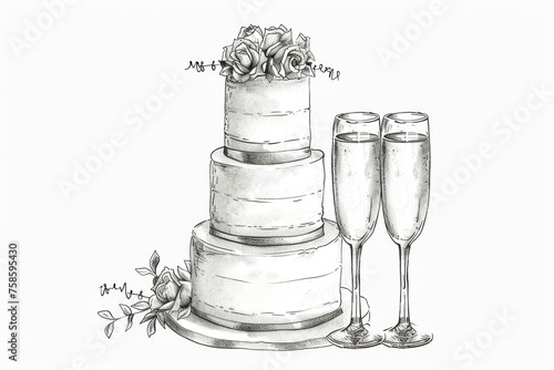 Wedding illustration. White multi-tiered cake with flowers, glasses of champagne. Watercolor sketch illustration. background