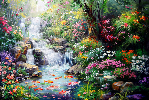Landscape with waterfall and fish, spring flowers. Painting of summer.