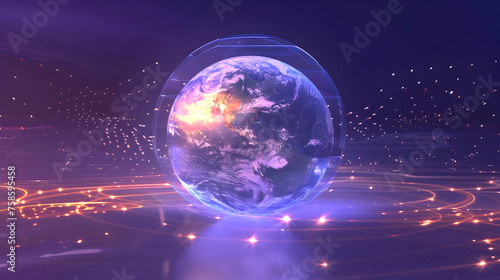 A partially transparent globe with animated water and energy cycles  with a tech grid overlay  against a deep purple background.