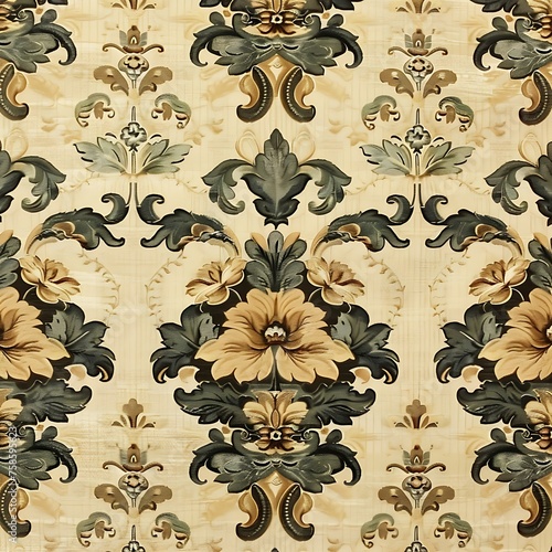 real fabric pattern that is a cream, brown, and sage green, front view, in moody vintage antique