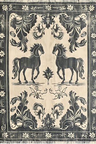ornate grey and ivory textile pattern featuring stylized horses and decorative horizontal borders that echo the pattern on the fabric. Artwork reminiscent classic woodblock prints. monochromatic ink