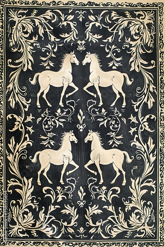 ornate grey and ivory textile pattern featuring stylized horses and decorative horizontal borders that echo the pattern on the fabric. Artwork reminiscent classic woodblock prints. monochromatic ink