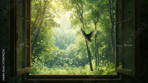A bird soars out of a window against a forest backdrop, capturing the surreal essence of freedom and nature. 🕊️🌳✨