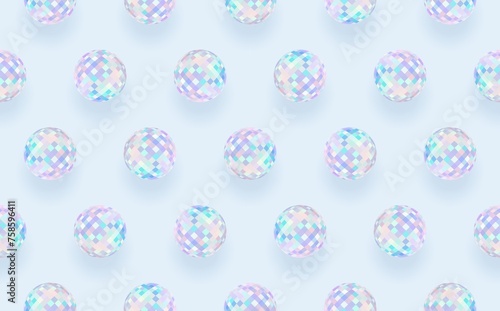 Crystal balls light blue seamless background. Diamond spheres pastel minimal 3d illustration.