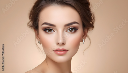 Glamorous Close-Up Portrait of a Young Woman with Elegant Jewelry and Flawless Makeup on Beige Background