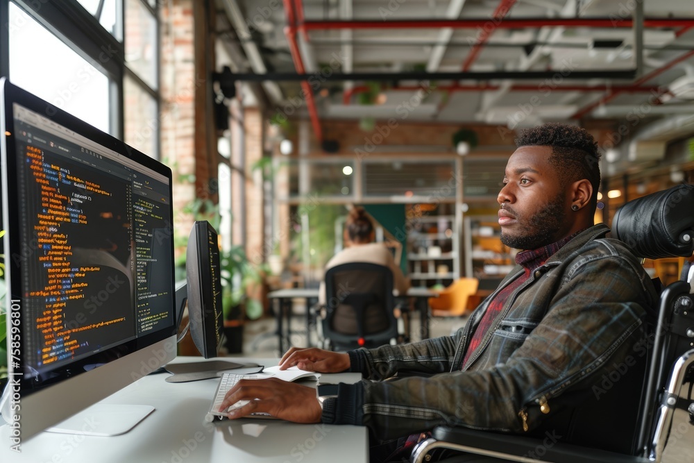 man in wheelchair sitting at desk in front of computer, working in office, Inclusivity man in wheelchair sitting at desk in front of computer, working in office, Inclusivity