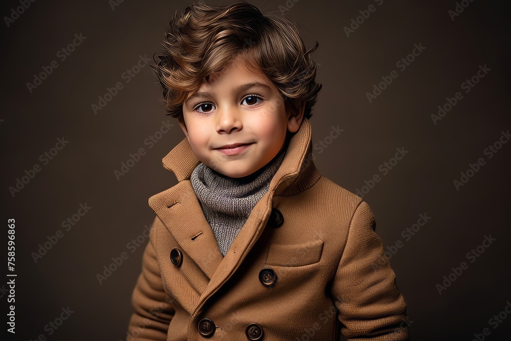 Cute little boy in brown coat and scarf. Studio shot. Cute little boy in brown coat and scarf. Studio shot.