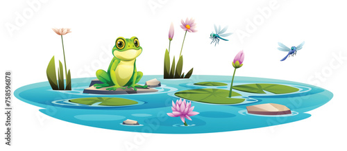 Frog and dragonflies in pond with water lily. Vector cartoon illustration isolated on white background