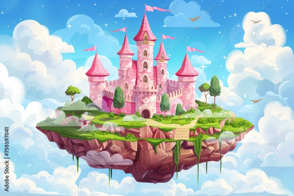 A pink magic castle on a floating island in the sky with fluffy clouds. A fantasy summer scene with a royal palace and flying ground pieces, and green grass in heaven. Cartoon modern illustration. A pink magic castle on a floating island in the sky with fluffy clouds. A fantasy summer scene with a royal palace and flying ground pieces, and green grass in heaven. Cartoon modern illustration.