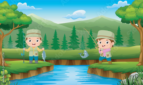 Two Kids fishing fish cartoon © dreamblack46