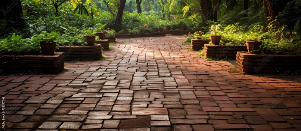 Obraz premium A brick walkway winding through a lush forest biome, surrounded by terrestrial plants and trees. The contrast of manmade road surface against natural grass and wood creates a beautiful landscape