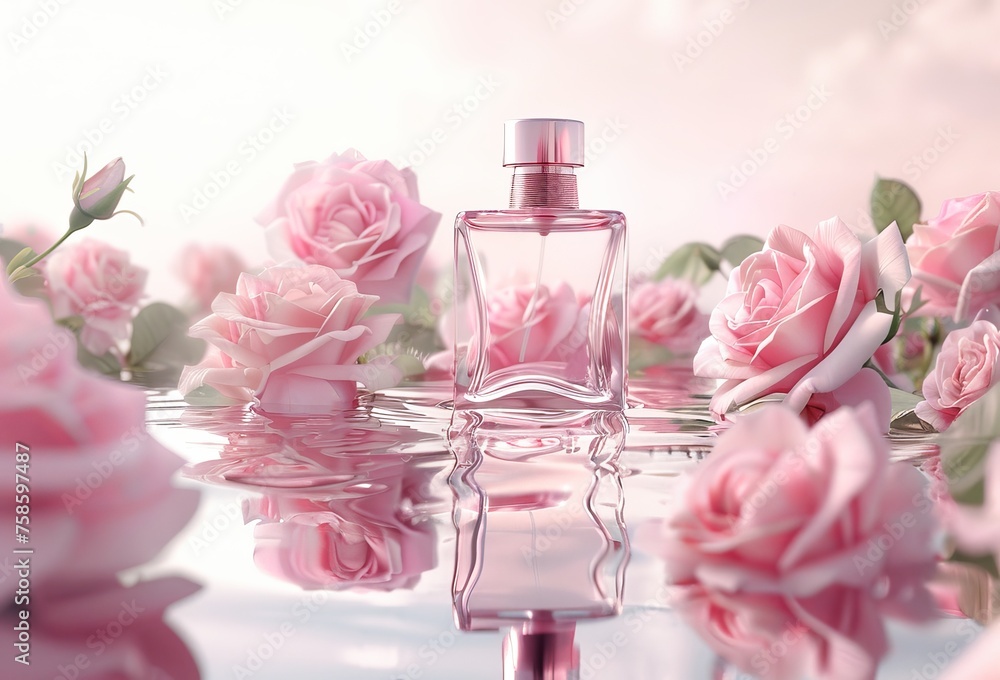 Elegant Perfume Bottle Surrounded by Pink Roses and Petals on a Reflective Surface Elegant Perfume Bottle Surrounded by Pink Roses and Petals on a Reflective Surface
