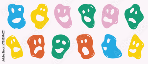 A set of various bright basic liquid shapes with emotions of the face. Different shapes. Hand-drawn fashionable vector illustration for children. Cute funny characters. 