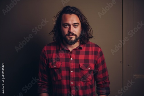Portrait of a young man in a red plaid shirt.