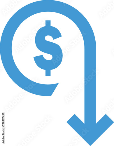 Art & Illustration ,dollar decrease icon. Money symbol with arrow stretching rising drop fall down. Business cost reduction icon. vector illustration.
