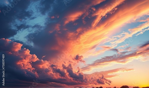 Sky at sunset  sky at sunrise  clouds  orange clouds cirrus clouds  cumulus clouds  sky gradient  sky background at dusk  twilight  nightfall  pink sky  pink clouds  sun  environment  Generative AI 