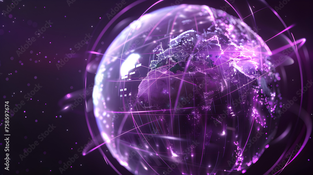 A partially transparent globe with animated water and energy cycles, with a tech grid overlay, against a deep purple background. A partially transparent globe with animated water and energy cycles, with a tech grid overlay, against a deep purple background.