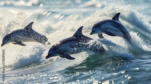 A group of dolphins playfully leaping in the waves © Rosie