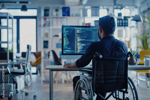 man in wheelchair sitting at desk in front of computer, working in office, Inclusivity